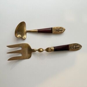 Vintage Siam Brass Wood Salad Serving Set Thai Goddess Twisted Fork Spoon 2pc
